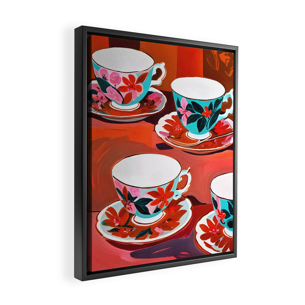 Tea Party, Teacups Floral Whimsical Eclectic Maximalist Illustration, Boho Coffee Food Painting Framed Canvas Print Gallery Image 2