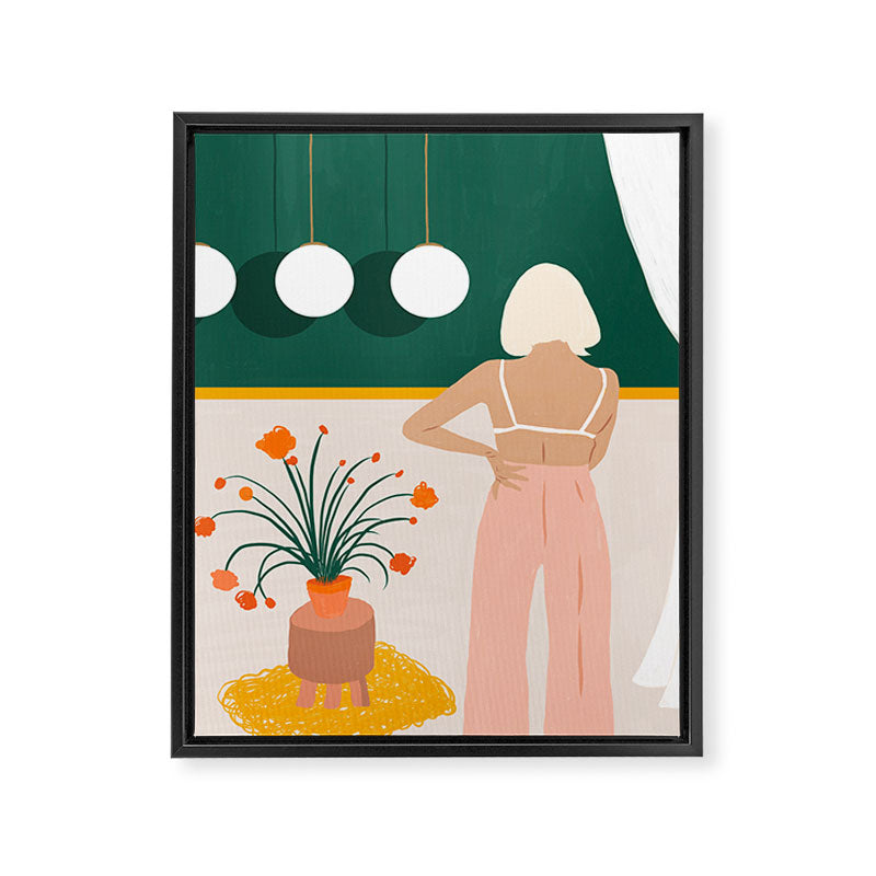 Texting, Millennial Woman Young Bohemian High Fashion Love Pastel Home Decor Blush Framed Canvas Print Gallery Image 6