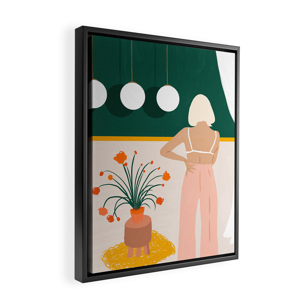 Texting, Millennial Woman Young Bohemian High Fashion Love Pastel Home Decor Blush Framed Canvas Print Gallery Image 2