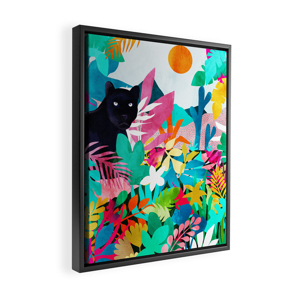 The Black Panther, Tropical Jungle Watercolor Painting, Botanical Forest Colorful Bohemian Illustration, Tiger Leopard Cheetah Animals Framed Canvas Print Gallery Image 2