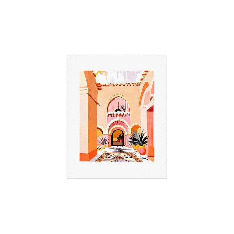 The Courtyard, Architecture Pastel Buildings, Turkish Tropical Nature City, Bohemian Eclectic Painting Illustration Art Print Gallery Image 1