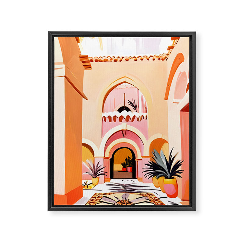 The Courtyard, Architecture Pastel Buildings, Turkish Tropical Nature City, Bohemian Eclectic Painting Illustration Framed Canvas Print Gallery Image 6