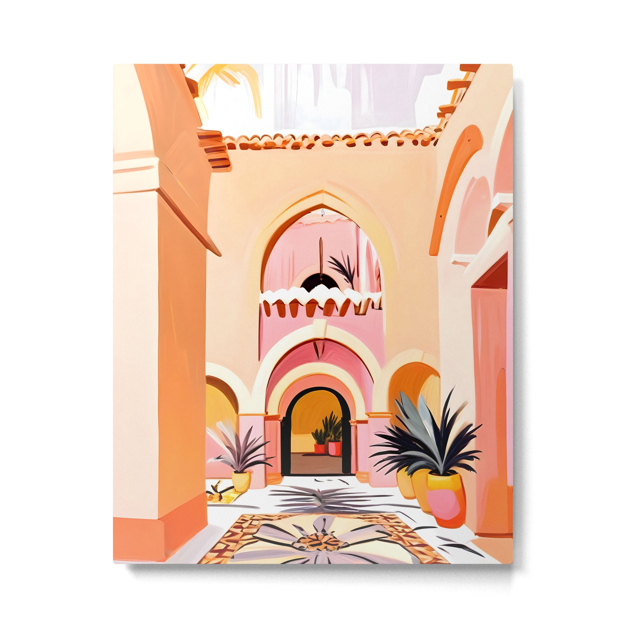 The Courtyard, Architecture Pastel Buildings, Turkish Tropical Nature City, Bohemian Eclectic Painting Illustration Metal Print Gallery Image 4