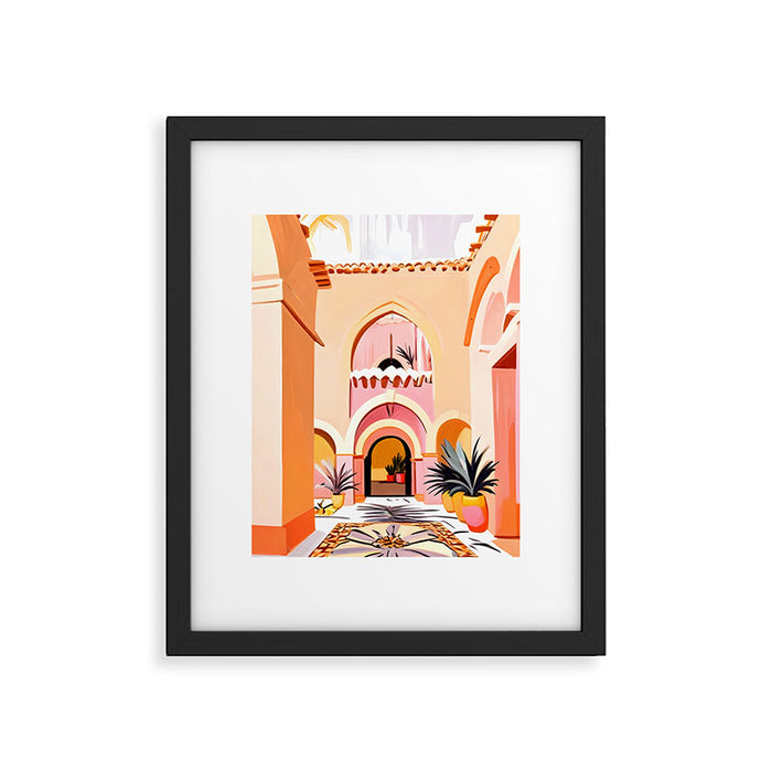 The Courtyard, Architecture Pastel Buildings, Turkish Tropical Nature City, Bohemian Eclectic Painting Illustration Framed Art Print Gallery Image 1