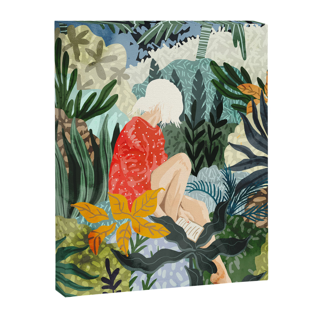 The Distracted Reader | Mindfulness Solo Travel | Bohemian Jungle Botanical Mood | Nature Book Lady Canvas Print Gallery Image 8