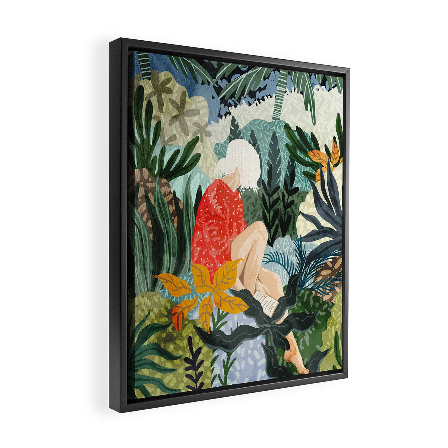 The Distracted Reader | Mindfulness Solo Travel | Bohemian Jungle Botanical Mood | Nature Book Lady Framed Canvas Print Gallery Image 2