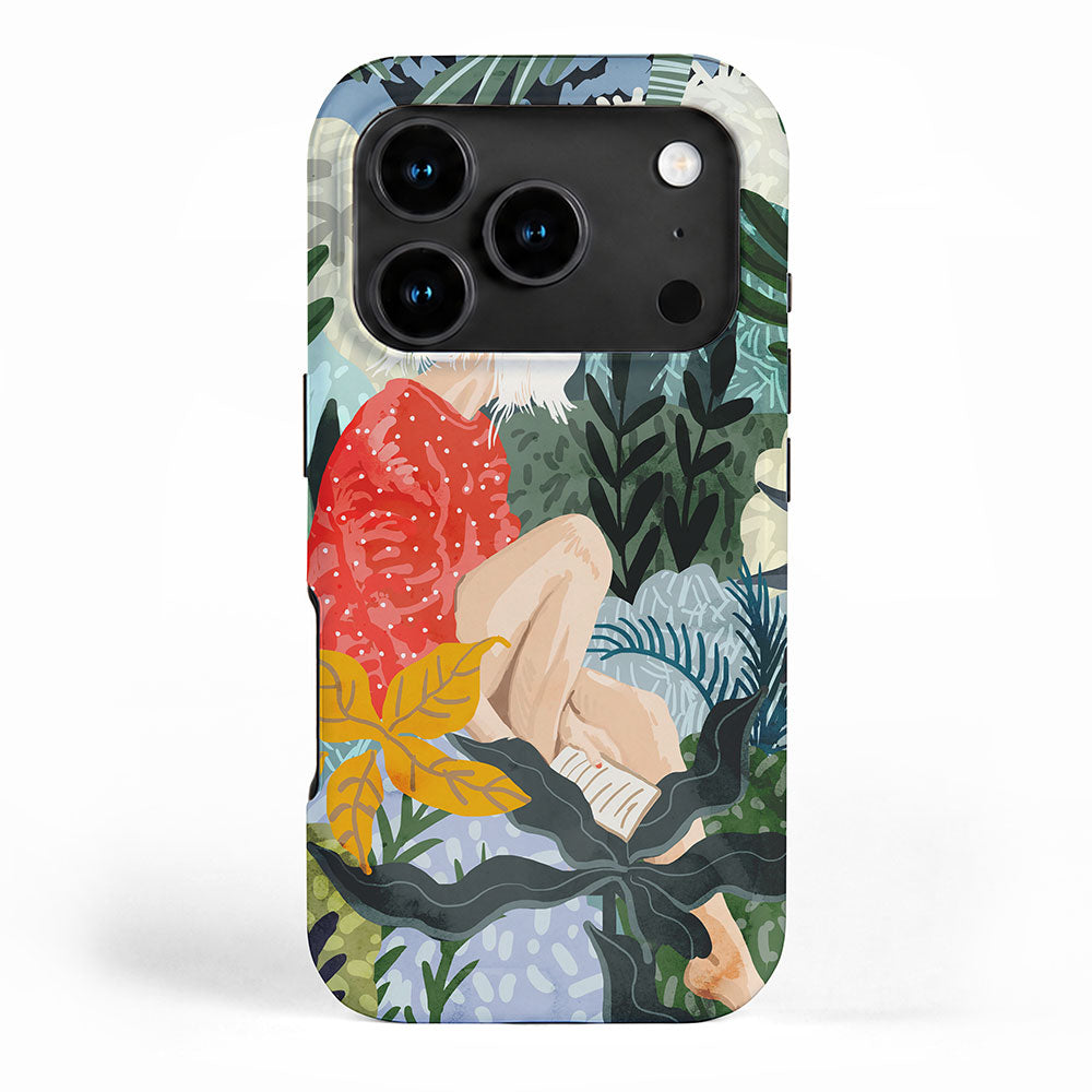 The Distracted Reader | Mindfulness Solo Travel | Bohemian Jungle Botanical Mood | Nature Book Lady iPhone Case Gallery Image 1