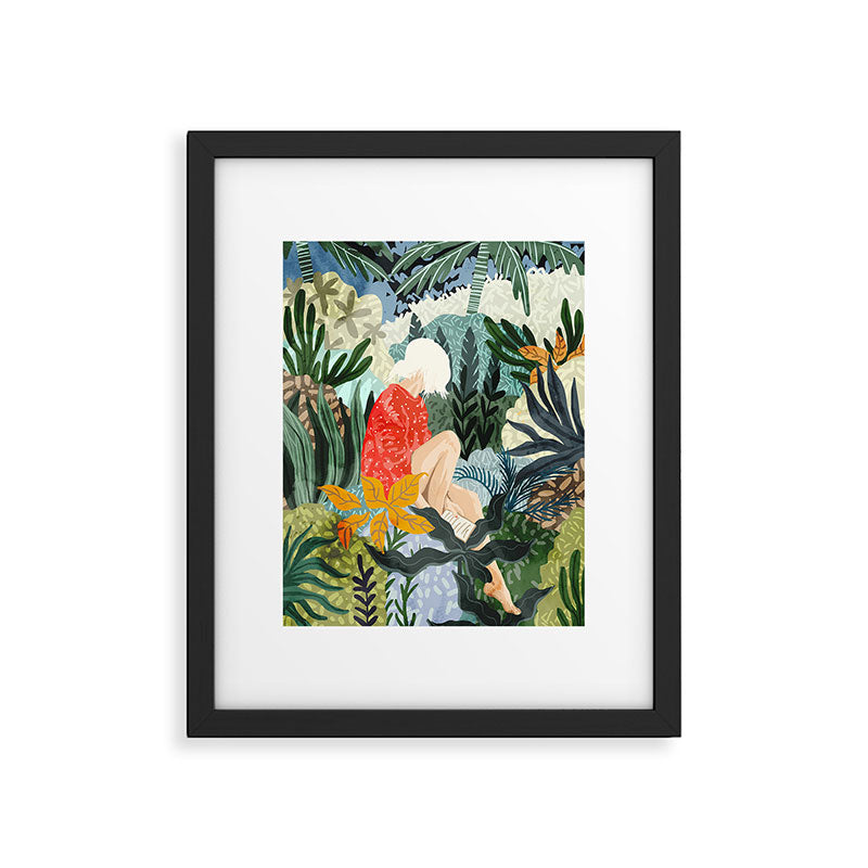The Distracted Reader | Mindfulness Solo Travel | Bohemian Jungle Botanical Mood | Nature Book Lady Framed Art Print Gallery Image 4