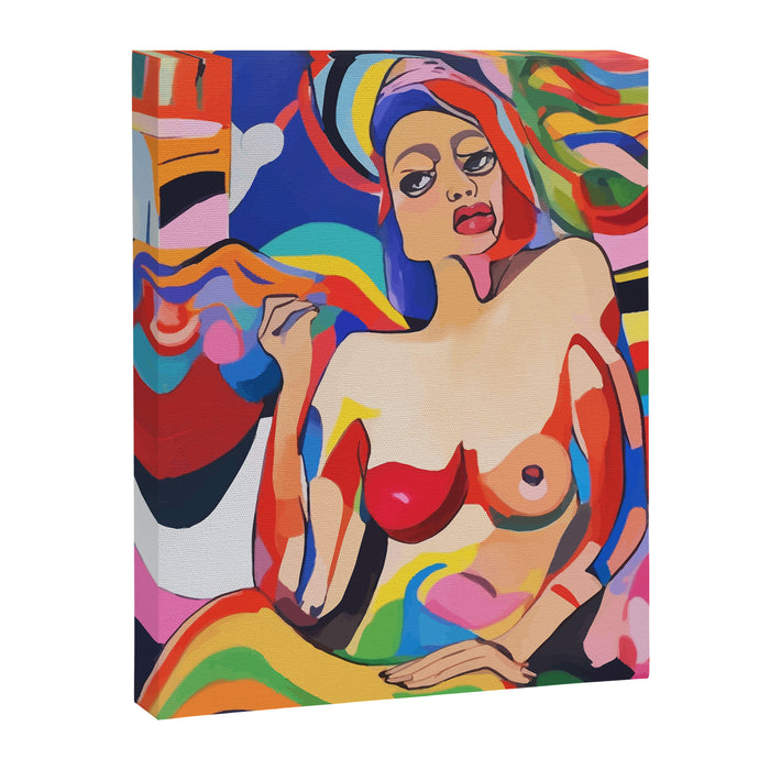 The Feminist, Women Rights Abstract Portrait Eclectic Painting, Modern Bohemian Brown Woman Nude Colorful Canvas Print Gallery Image 1