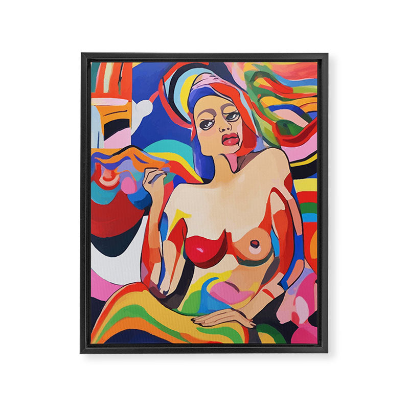 The Feminist, Women Rights Abstract Portrait Eclectic Painting, Modern Bohemian Brown Woman Nude Colorful Framed Canvas Print Gallery Image 6
