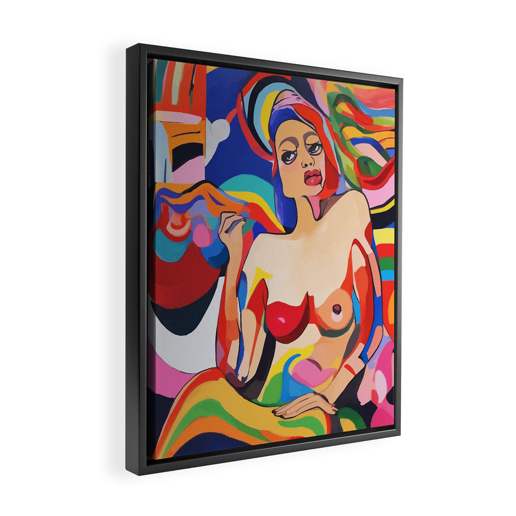 The Feminist, Women Rights Abstract Portrait Eclectic Painting, Modern Bohemian Brown Woman Nude Colorful Framed Canvas Print Gallery Image 2
