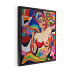 The Feminist, Women Rights Abstract Portrait Eclectic Painting, Modern Bohemian Brown Woman Nude Colorful Framed Canvas Print Gallery Image 2