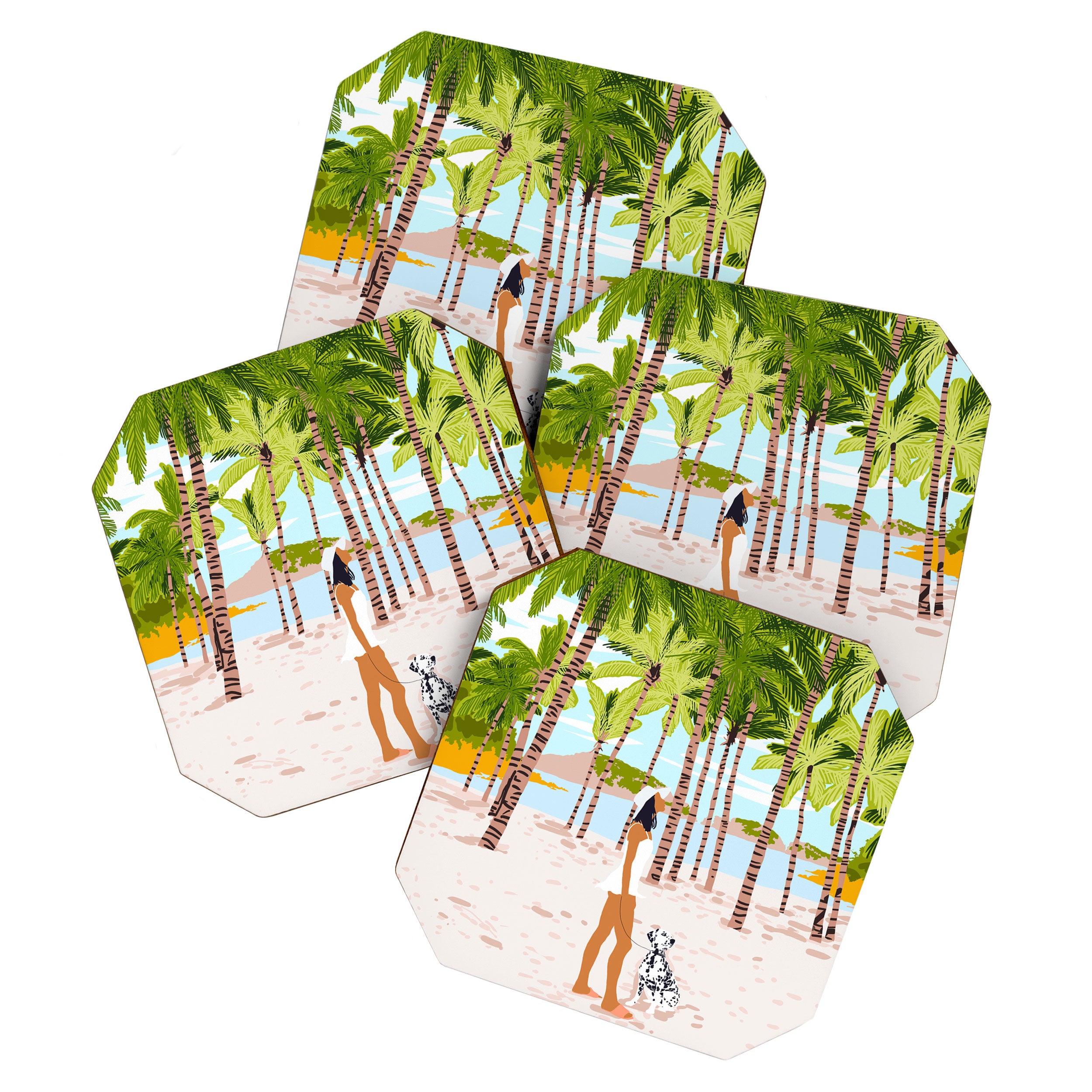 The Happy Spots, Dalmatian Dog Pets, Bohemian Woman Beach Tropical Palm Fashion Illustration Coaster Gallery Image 1