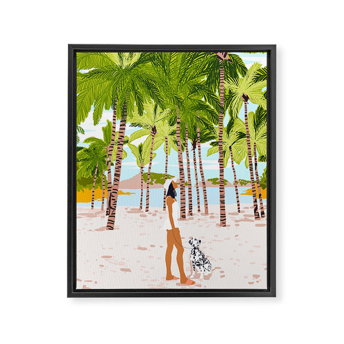 The Happy Spots, Dalmatian Dog Pets, Bohemian Woman Beach Tropical Palm Fashion Illustration Framed Canvas Print Gallery Image 1