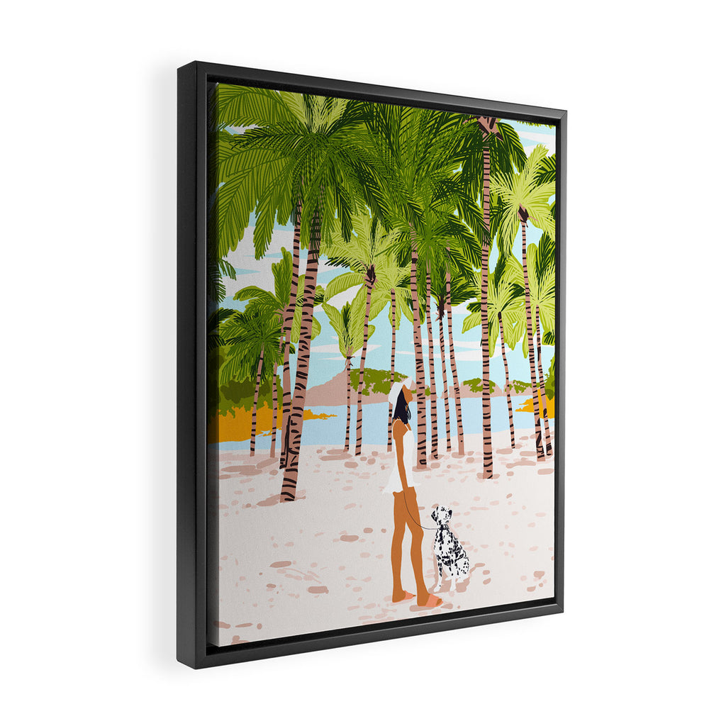 The Happy Spots, Dalmatian Dog Pets, Bohemian Woman Beach Tropical Palm Fashion Illustration Framed Canvas Print Gallery Image 2