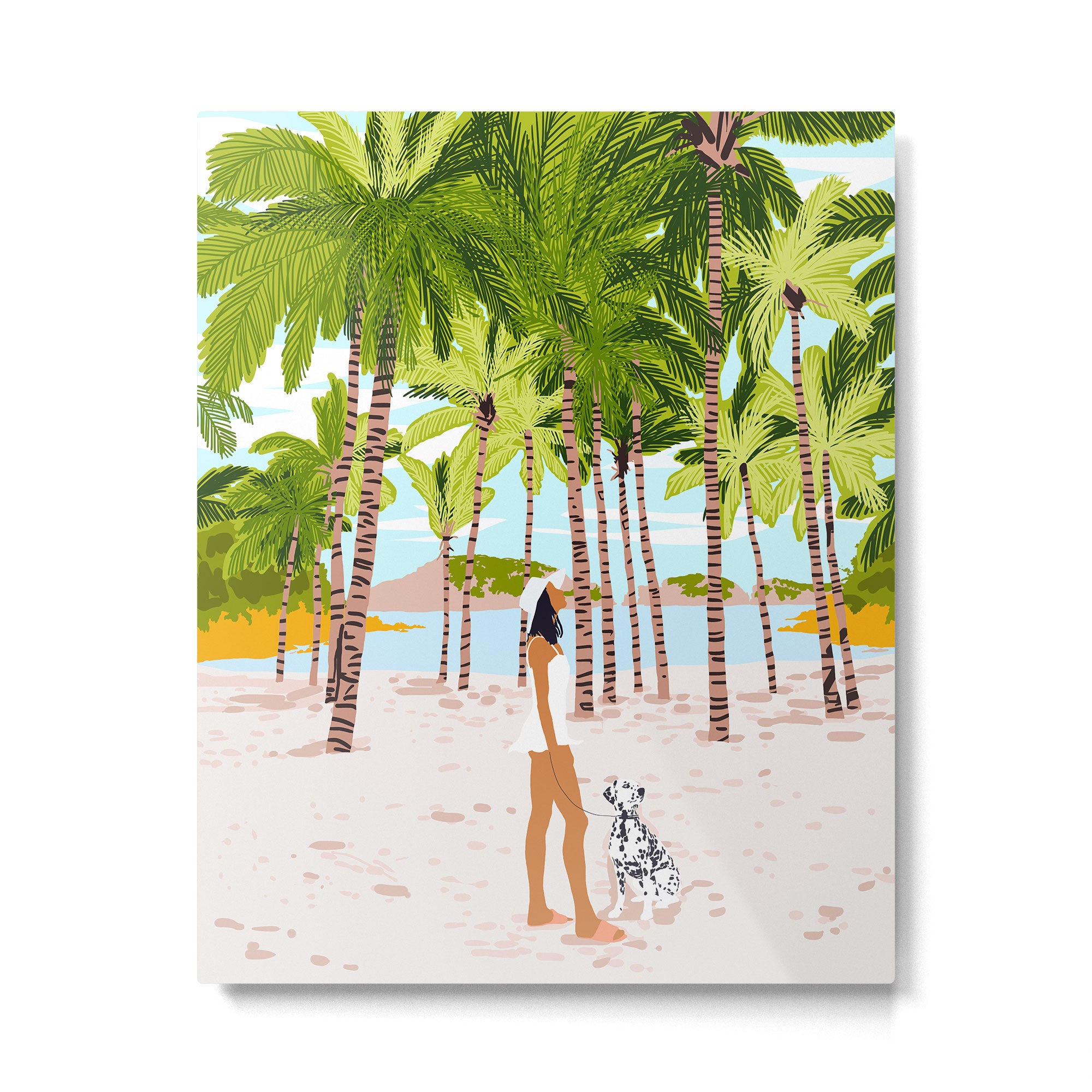 The Happy Spots, Dalmatian Dog Pets, Bohemian Woman Beach Tropical Palm Fashion Illustration Metal Print Gallery Image 4