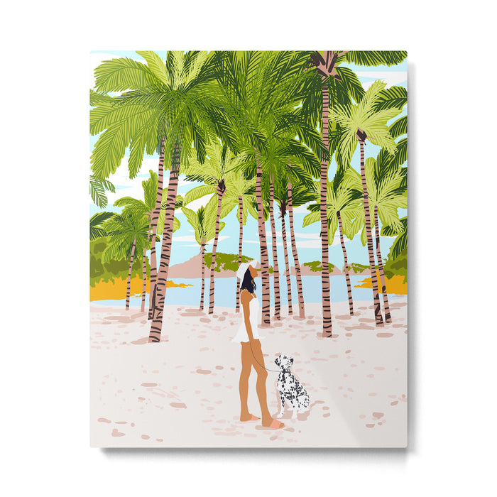 The Happy Spots, Dalmatian Dog Pets, Bohemian Woman Beach Tropical Palm Fashion Illustration Metal Print Gallery Image 1