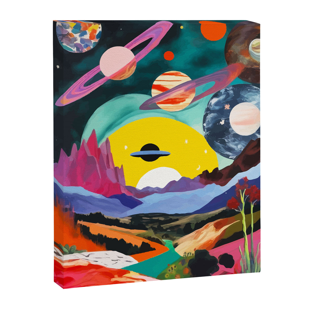 The Inner Space Landscape, Abstract Planets Painting Eclectic, Voyage Sun Moon Stars Voyage, Mountains Mars Bohemian Fantasy Canvas Print Gallery Image 6
