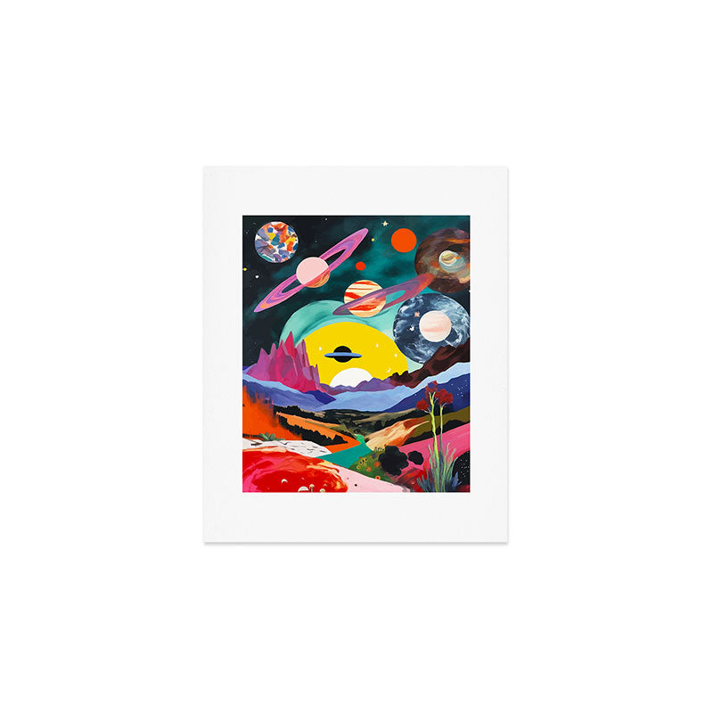 The Inner Space Landscape, Abstract Planets Painting Eclectic, Voyage Sun Moon Stars Voyage, Mountains Mars Bohemian Fantasy Art Print Gallery Image 1