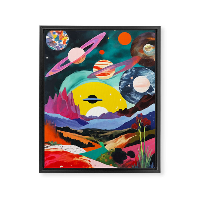 The Inner Space Landscape, Abstract Planets Painting Eclectic, Voyage Sun Moon Stars Voyage, Mountains Mars Bohemian Fantasy Framed Canvas Print Gallery Image 1