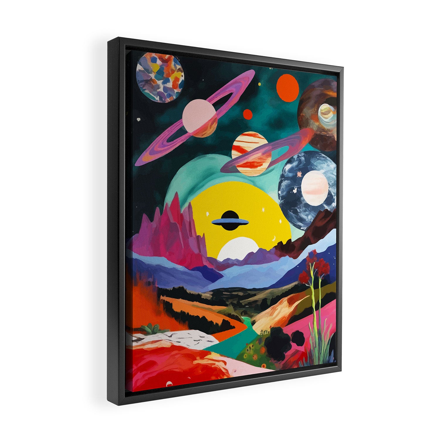 The Inner Space Landscape, Abstract Planets Painting Eclectic, Voyage Sun Moon Stars Voyage, Mountains Mars Bohemian Fantasy Framed Canvas Print Gallery Image 2