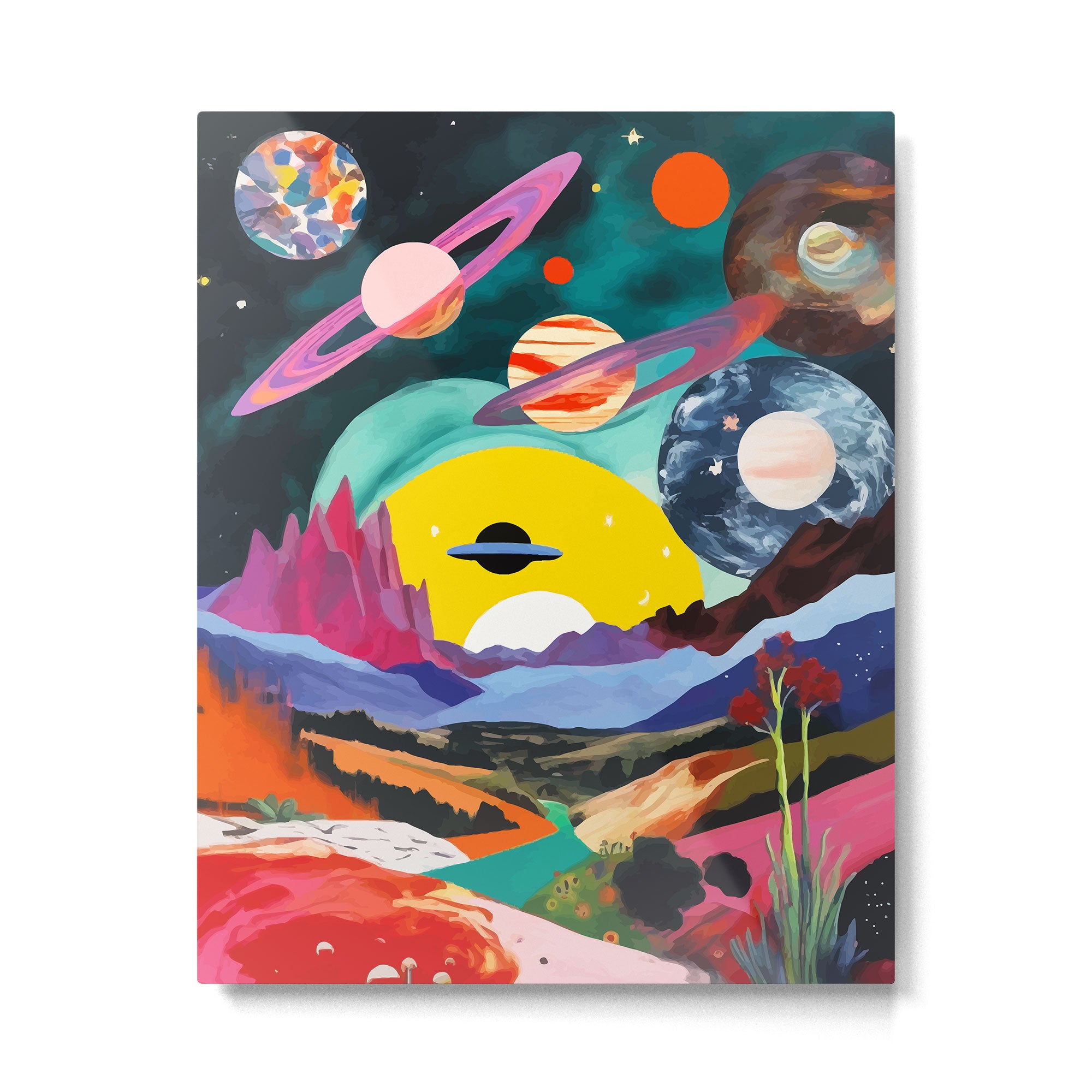 The Inner Space Landscape, Abstract Planets Painting Eclectic, Voyage Sun Moon Stars Voyage, Mountains Mars Bohemian Fantasy Metal Print Gallery Image 4