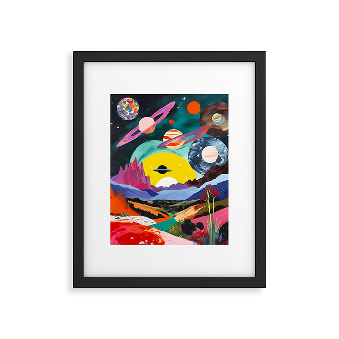 The Inner Space Landscape, Abstract Planets Painting Eclectic, Voyage Sun Moon Stars Voyage, Mountains Mars Bohemian Fantasy Framed Art Print Gallery Image 1