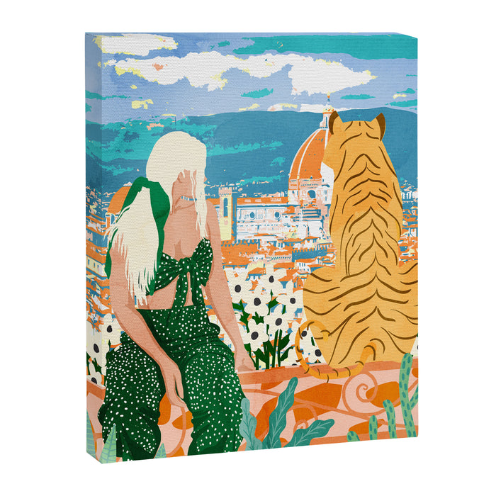 The Italian View, Woman Tiger Travel, Europe Architecture Illustration, Animals Bohemian Canvas Print Gallery Image 1