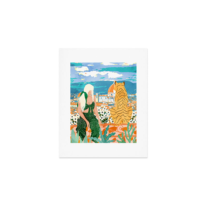 The Italian View, Woman Tiger Travel, Europe Architecture Illustration, Animals Bohemian Art Print Gallery Image 1