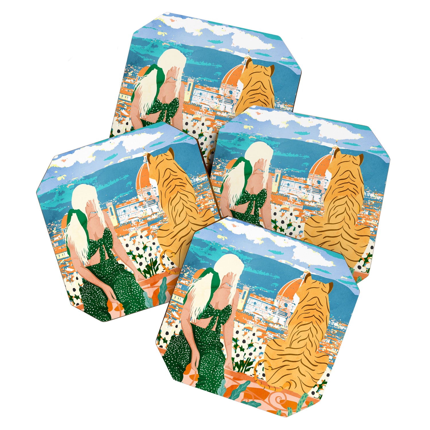 The Italian View, Woman Tiger Travel, Europe Architecture Illustration, Animals Bohemian Coaster Gallery Image 1