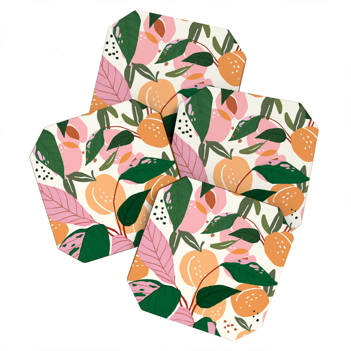The Peach Garden , Vintage Botanical Tropical Jungle, Fruits Plants Pastel Summer Forest Coaster Gallery Image 1
