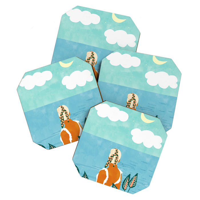 The Pursuit Of Happiness, Woman Ocean Travel Swim Illustration, Bohemian Fashion Tropical Coaster Gallery Image 1