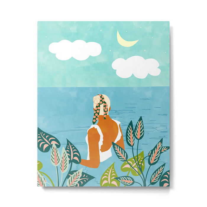 The Pursuit Of Happiness, Woman Ocean Travel Swim Illustration, Bohemian Fashion Tropical Metal Print Gallery Image 1