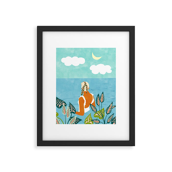 The Pursuit Of Happiness, Woman Ocean Travel Swim Illustration, Bohemian Fashion Tropical Framed Art Print Gallery Image 1