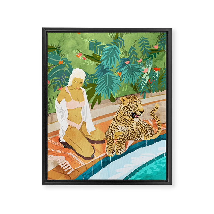 The Wild Side, Human & Nature Connection, Woman With Cheetah Cat, Tiger Painting Framed Canvas Print Gallery Image 1