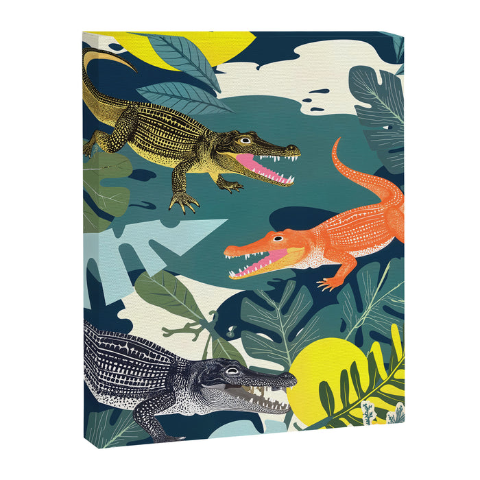 Three Crocodiles_Wildlife Jungle Animals Forest_Whimsical Scary Quirky Crocs_Eclectic Tropical Canvas Print Gallery Image 1