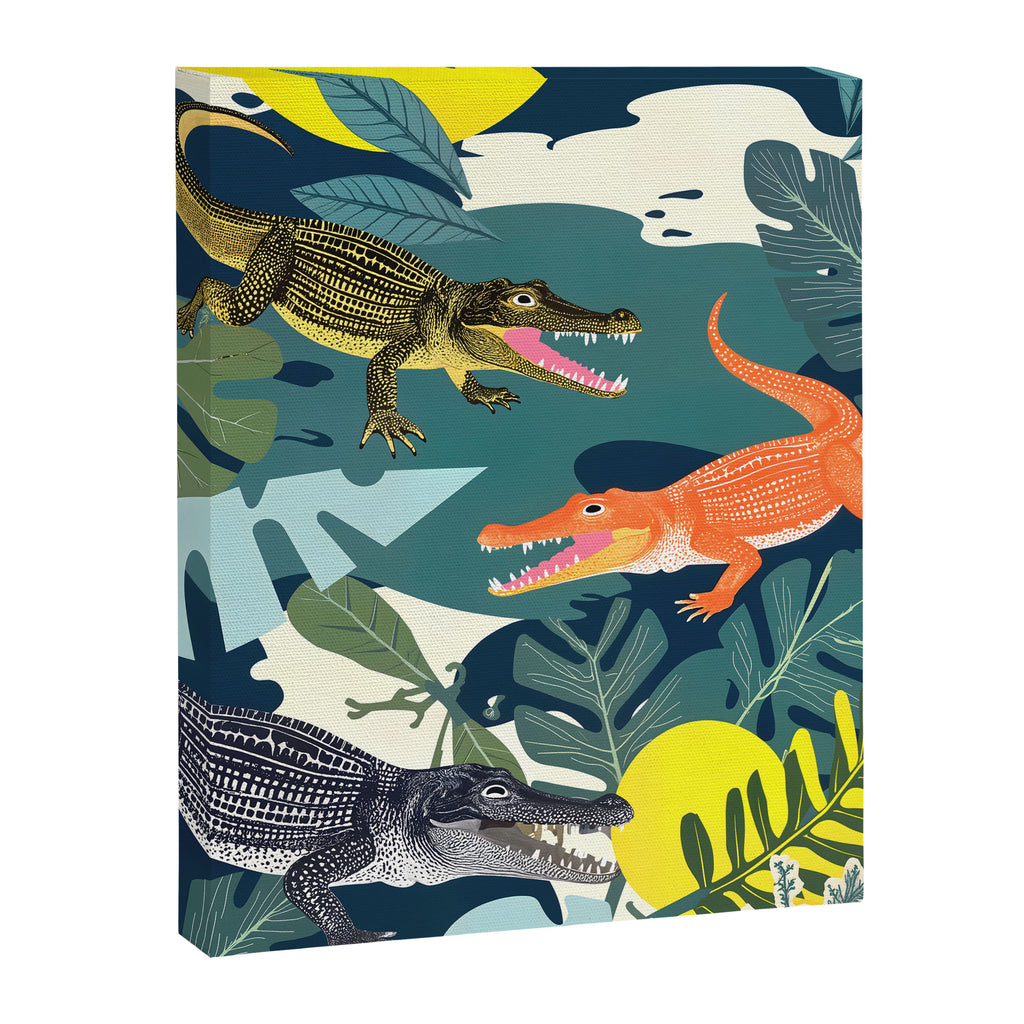 Three Crocodiles_Wildlife Jungle Animals Forest_Whimsical Scary Quirky Crocs_Eclectic Tropical Canvas Print Gallery Image 6