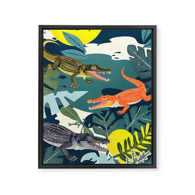 Three Crocodiles_Wildlife Jungle Animals Forest_Whimsical Scary Quirky Crocs_Eclectic Tropical Framed Canvas Print Gallery Image 6