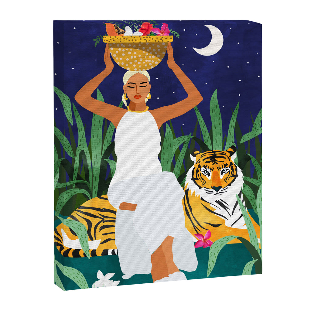 Tiger Camping, Wildlife Wild Jungle Illustration, Modern Bohemian Black Woman, Starry Night Moon Canvas Print Gallery Image 6