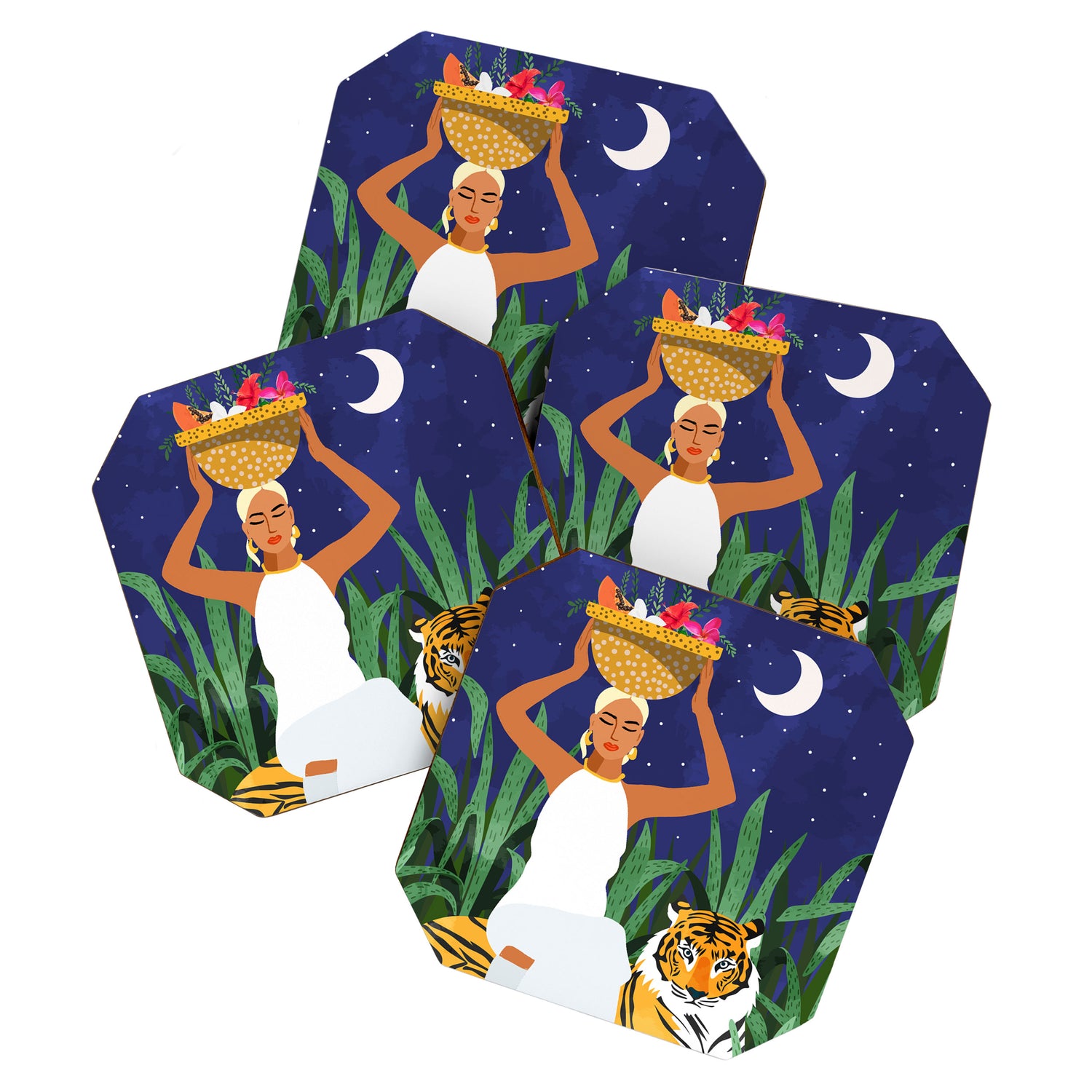 Tiger Camping, Wildlife Wild Jungle Illustration, Modern Bohemian Black Woman, Starry Night Moon Coaster Gallery Image 1