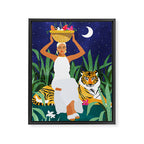 Tiger Camping, Wildlife Wild Jungle Illustration, Modern Bohemian Black Woman, Starry Night Moon Framed Canvas Print Gallery Image 6