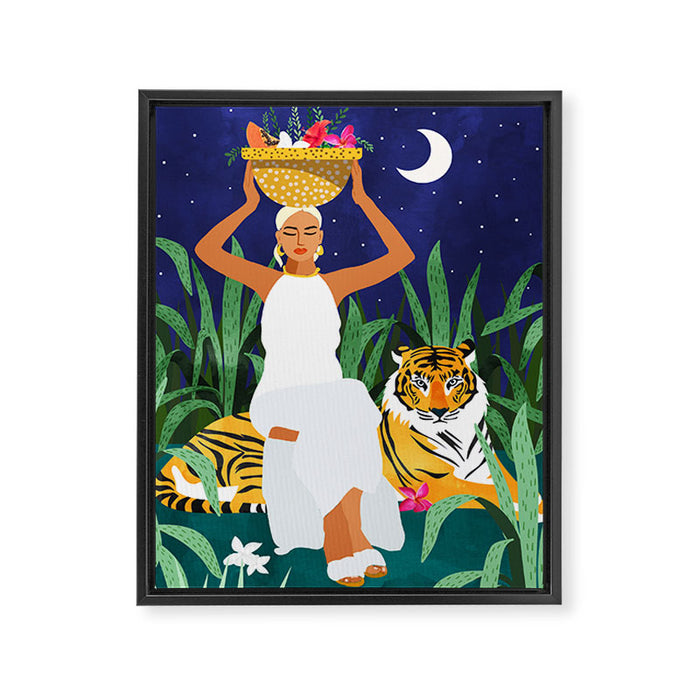 Tiger Camping, Wildlife Wild Jungle Illustration, Modern Bohemian Black Woman, Starry Night Moon Framed Canvas Print Gallery Image 1