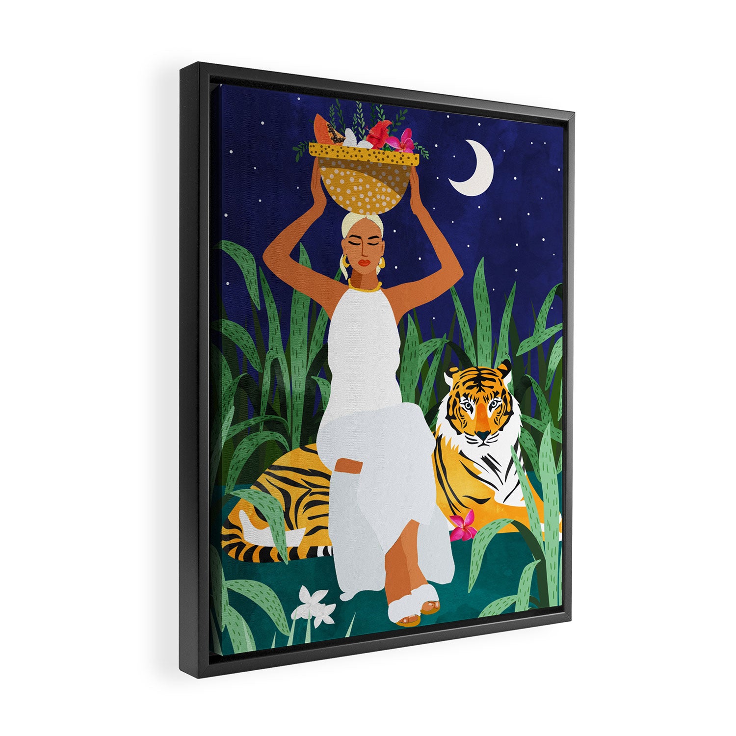Tiger Camping, Wildlife Wild Jungle Illustration, Modern Bohemian Black Woman, Starry Night Moon Framed Canvas Print Gallery Image 2