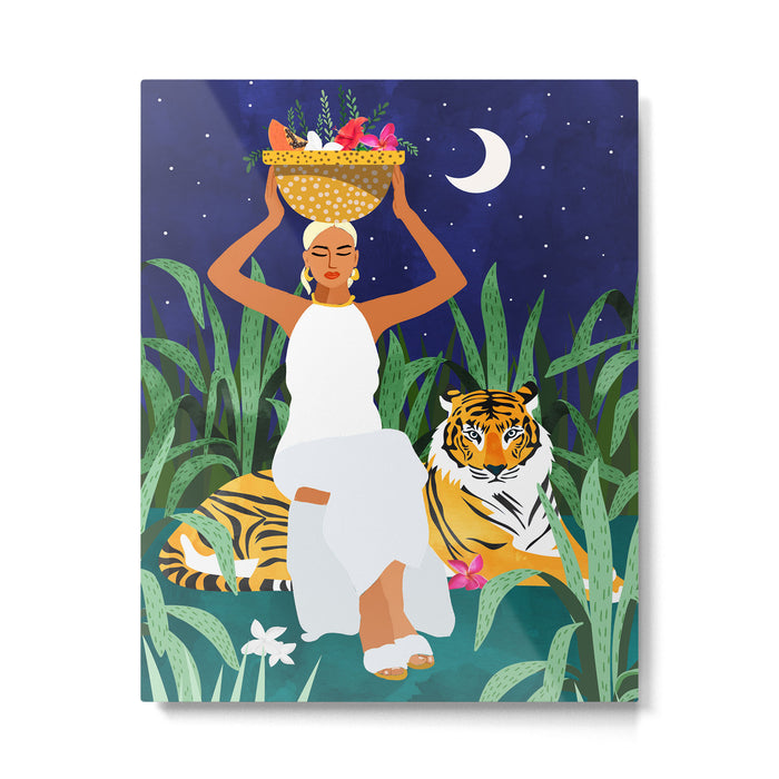 Tiger Camping, Wildlife Wild Jungle Illustration, Modern Bohemian Black Woman, Starry Night Moon Metal Print Gallery Image 1