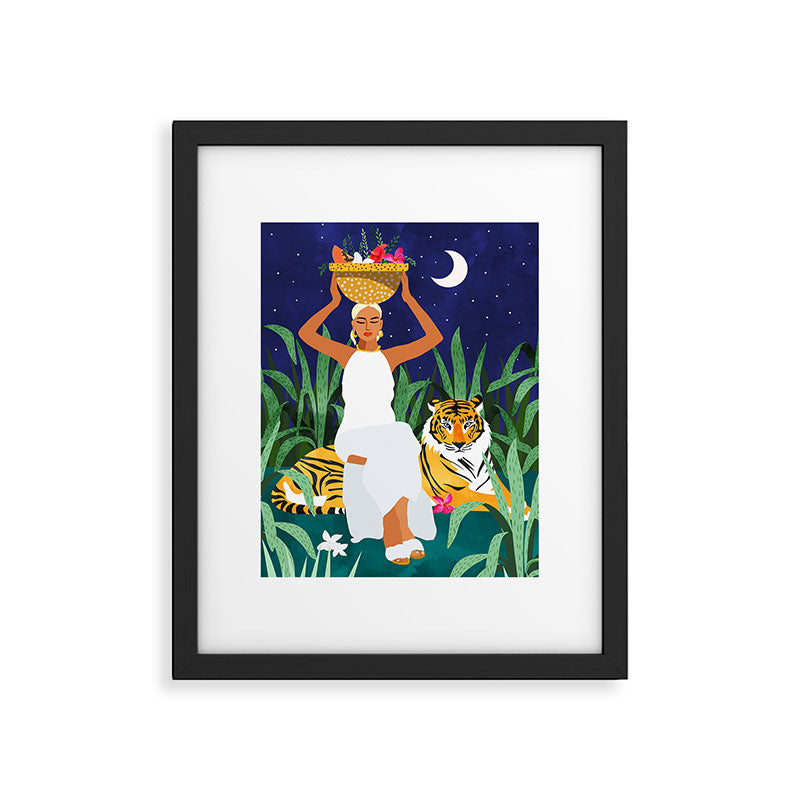 Tiger Camping, Wildlife Wild Jungle Illustration, Modern Bohemian Black Woman, Starry Night Moon Framed Art Print Gallery Image 5