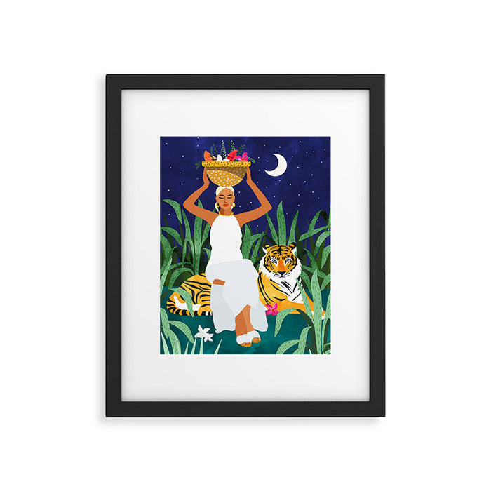 Tiger Camping, Wildlife Wild Jungle Illustration, Modern Bohemian Black Woman, Starry Night Moon Framed Art Print Gallery Image 1