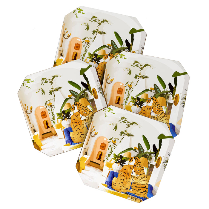 Tiger Reserve Villa | Bohemian Tropical Jungle Décor | Pastel Honeymoon Couple Love Wildlife Coaster Gallery Image 1