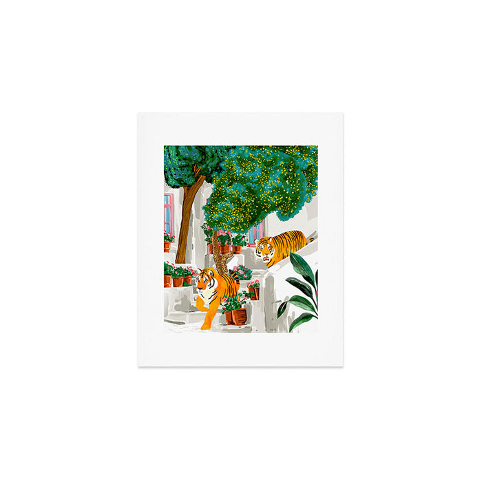 Tigers in Greece | Santorini Travel Architecture, Wildlife Animal Painting | Watercolor Illustration Art Print Gallery Image 1