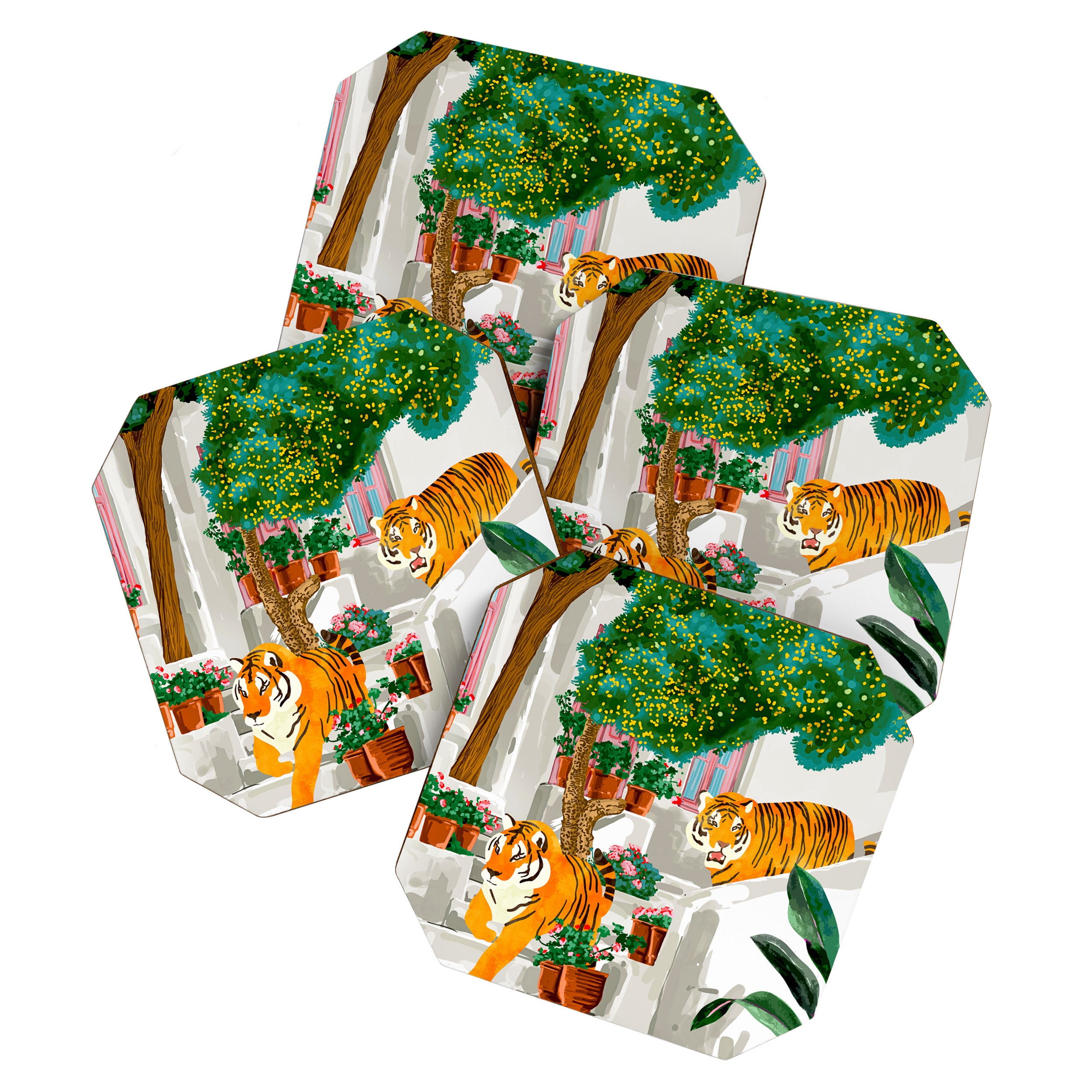 Tigers in Greece | Santorini Travel Architecture, Wildlife Animal Painting | Watercolor Illustration Coaster Gallery Image 1