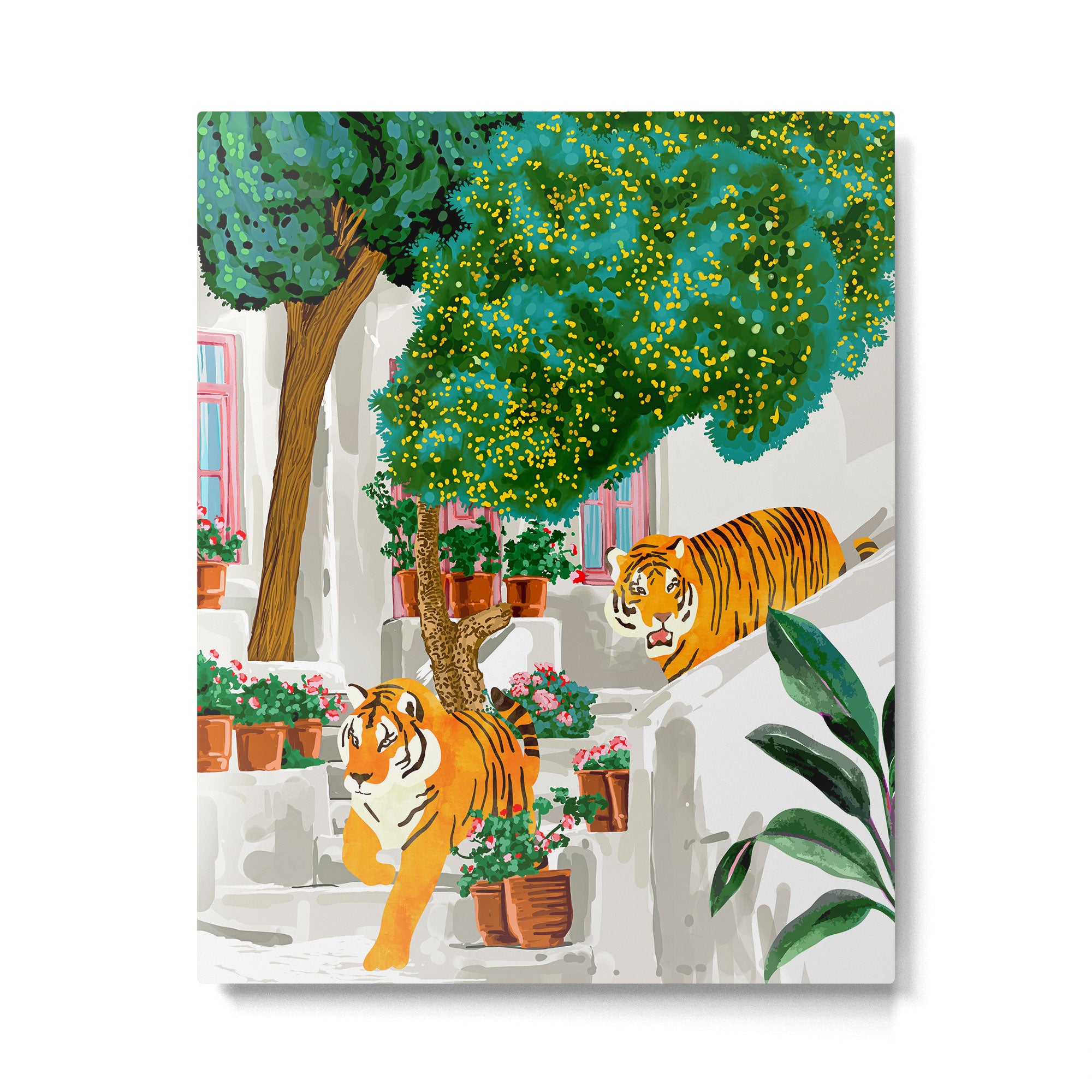 Tigers in Greece | Santorini Travel Architecture, Wildlife Animal Painting | Watercolor Illustration Metal Print Gallery Image 6